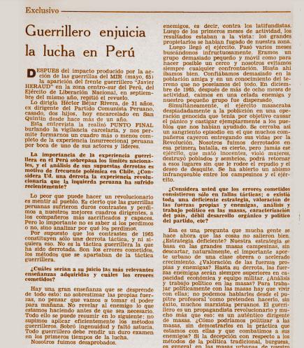 Entrevista a Miguel Enríquez al guerrillero peruano Héctor Béjar, para la revista Punto Final  Nº25, de 1967 REvista Punto Final