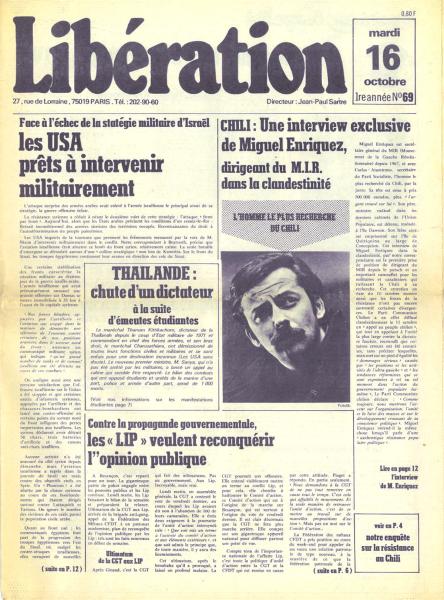 Entrevista a Miguel Enríquez en la revista francesa Liberation, dirigida por Jean Paul Sartre, 16 de Octubre de 1973 revista francesa Liberation