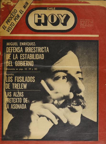 Revista Chile Hoy Nº11, con portada de una entrevista a Miguel Enriquez, 1972. Fondo Familiar Revista Chile 11