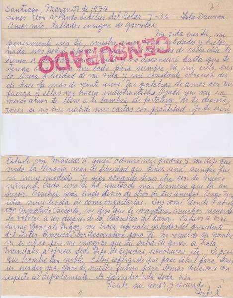 Carta de Isabel Morel a Orlando Letelier