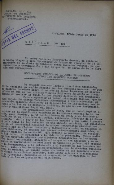 Circular N°136 del 26 de junio de 1974